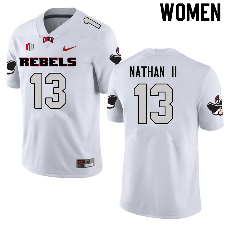 Women #13 Deamikkio Nathan II UNLV Rebels College Football Jerseys Sale-White - Click Image to Close